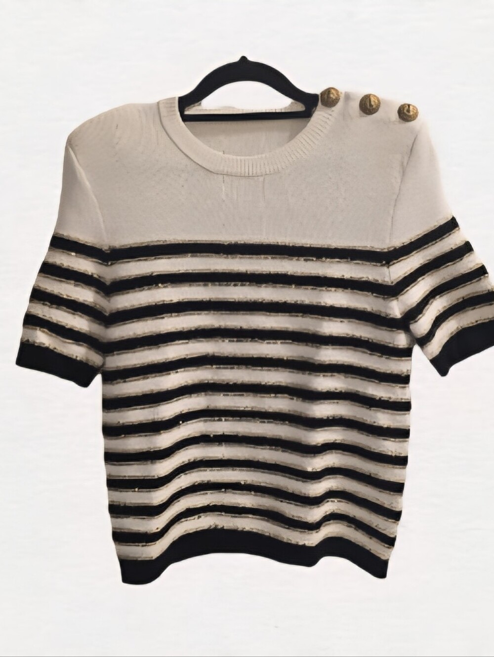 Balmain Striped Short Sleeve Sweater with Gold Buttons